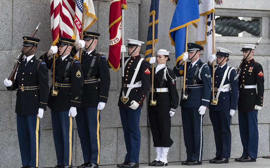 The U.S. Armed Forces Color Guard, at a ceremony marking the 75th anniversary of the Battle of Iwo Jima, Feb. 19, 2020 at the National World War II Memorial in Washington, D.C.