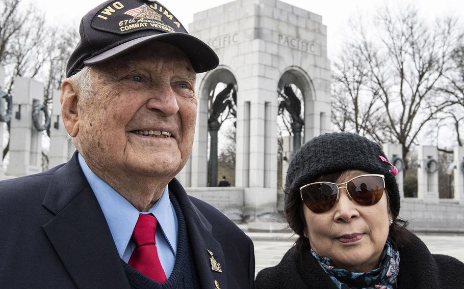Iwo Jima battle veteran Ira Rigger and his wife, Yong, before a 75th anniversary ceremony, Feb. 19, 2020 at the National World War II Memorial in Washington, D.C.