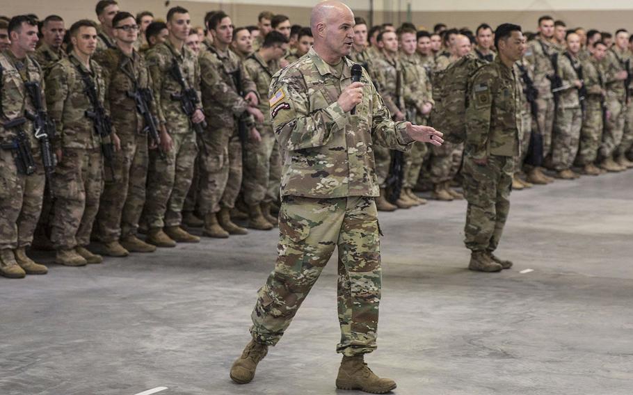 Maj. Gen. James Mingus, the 82nd Airborne Division commanding general, speaks to paratroopers assigned to 1st Brigade Combat Team, 82nd Airborne Division and their families during a redeployment ceremony at Fort Bragg, N.C., February 20, 2020.