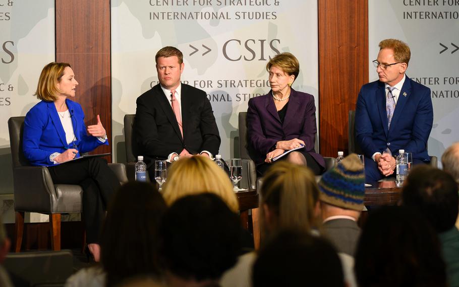 Kathleen Hicks, senior vice president of the Center for Strategic and International Studies, speaks as Army Secretary Ryan McCarthy, Air Force Secretary Barbara Barrett and acting Navy Secretary Thomas Modly listen during a tri-service discussion in Washington, D.C., on Feb. 21, 2020.