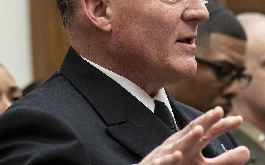 Chief of Naval Operations Adm. Michael M. Gilday answers a question during a House Armed Services Committee hearing on Capitol Hill, Feb. 27, 2020.