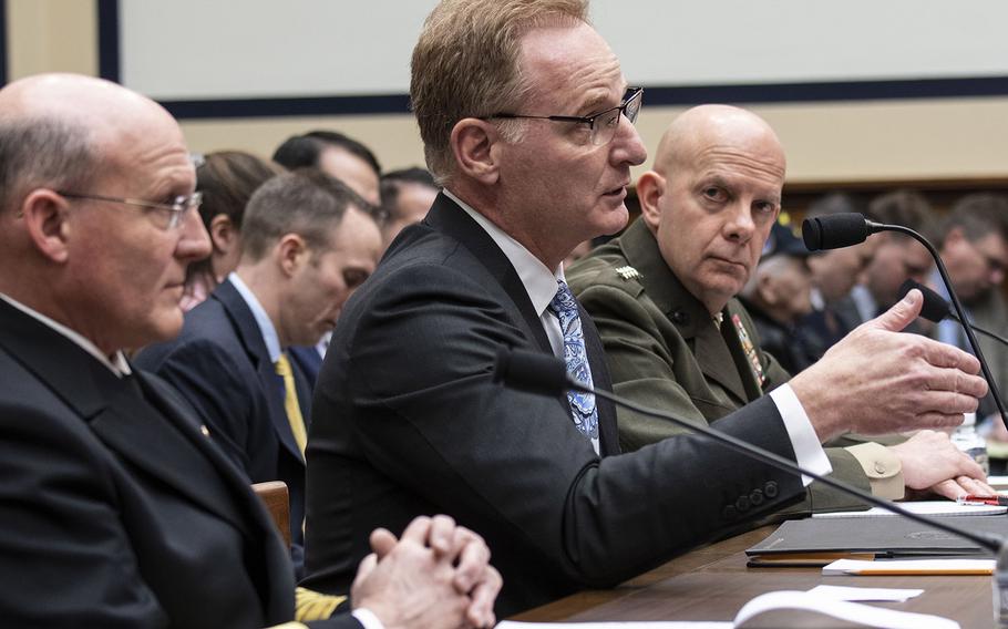 Acting Secretary of the Navy Thomas B. Modly, center, answers a question during a House Armed Services Committee hearing on Capitol Hill, Feb. 27, 2020. With him are Chief of Naval Operations Adm. Michael M. Gilday, left, and Marine Corps Commandant Gen. David H. Berger.