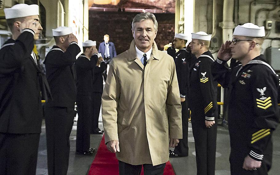 In a Nov. 15, 2018 photo, Kenneth J. Braithwaite, the U.S. ambassador to Norway, arrives aboard the Wasp-class amphibious assault ship USS Iwo Jima, which was in port in Oslo, Norway after participating in Trident Juncture 2018.
