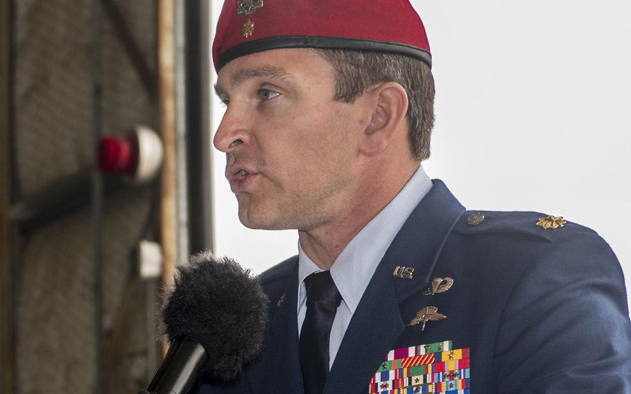 U.S. Air Force Maj. Jeff Wright, Special Tactics officer with the 24th Special Operations Wing, speaks at a ceremony on Hurlburt Field, Florida, Mar. 2, 2020.