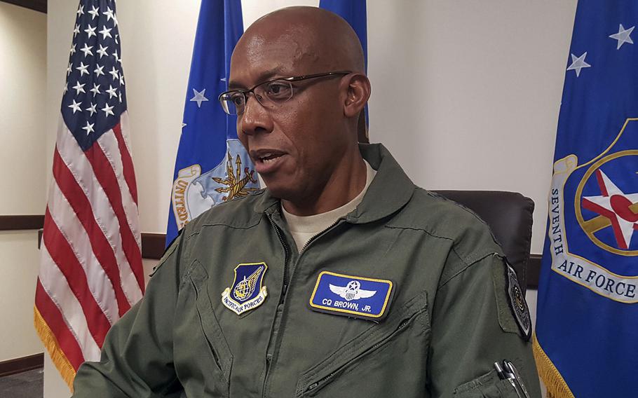 In a Sept. 3, 2019 photo, Gen. Charles Q. Brown, commander of Pacific Air Forces, speaks with reporters at Joint Base Pearl Harbor-Hickam, Hawaii. Brown has been nominated to serve as the next Air Force chief of staff.