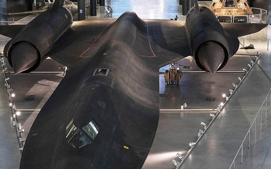 The SR-71 Blackbird reconnaissance aircraft, the Apollo 11 command module, and space shuttle Discovery at the Smithsonian's Udvar-Hazy Center on March 3, 2020.