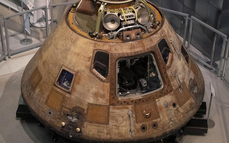 The Apollo 11 command module, on dsplay at the Smithsonian's Udvar-Hazy Center in Virginia on March 3, 2020.