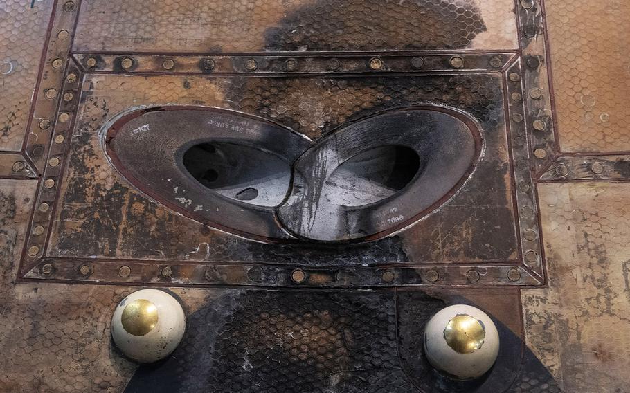 Detail on the Apollo 11 command module, on dsplay at the Smithsonian's Udvar-Hazy Center in Virginia on March 3, 2020.
