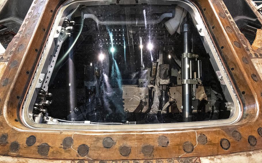 A look through the hatch of the Apollo 11 command module, at the Smithsonian's Udvar-Hazy Center on March 3, 2020.