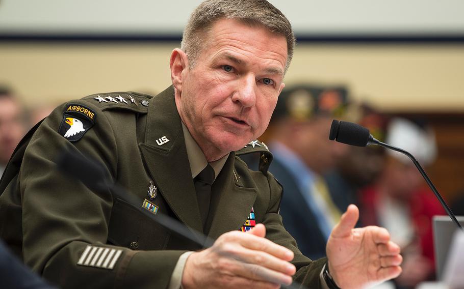 Army Chief of Staff Gen. James McConville testifies during a House Armed Services Committee hearing on Capitol Hill in Washington on Tuesday, March 3, 2020.