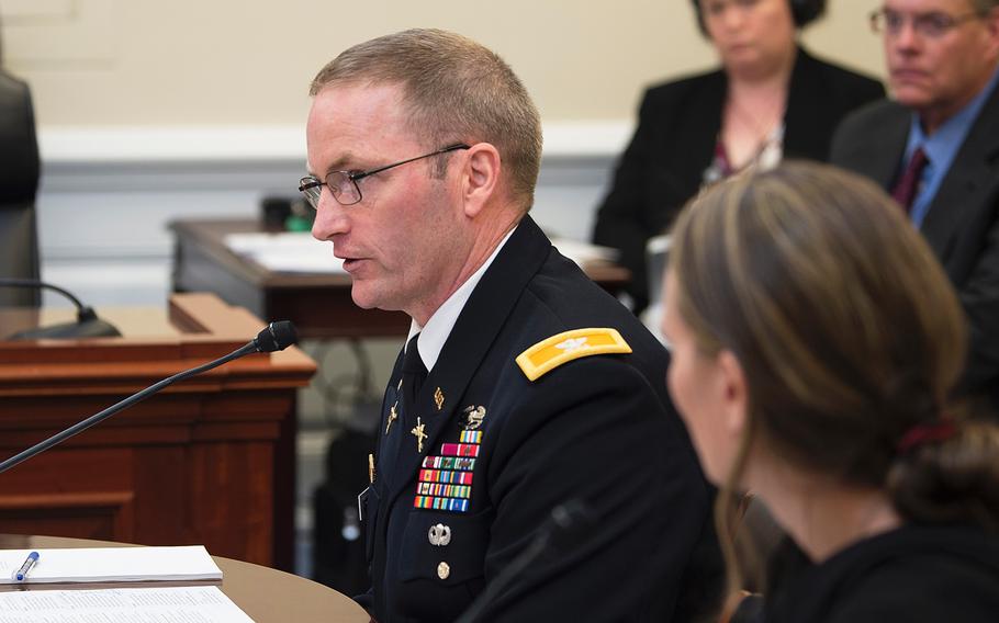 Army Col. Scott Gerber testifies before members of the House Appropriations Subcommittee on Military Construction during a hearing on Capitol Hill in Washington on Tuesday, March 3, 2020. Gerber told of unacceptable housing conditions at Fort Meade, Md.