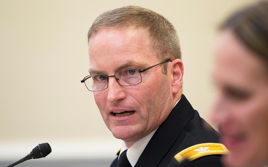 Army Col. Scott Gerber testifies before members of the House Appropriations Subcommittee on Military Construction during a hearing on Capitol Hill in Washington on Tuesday, March 3, 2020. Gerber told of unacceptable housing conditions at Fort Meade, Md.