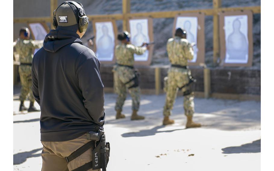 U.S. sailors train at a shooting range at Naval Air Station Pensacola, Fla, on Feb. 21, 2020. Pentagon procedures meant to detect and prevent threats at U.S. military bases didn’t cover international military students, such as the Saudi officer who carried out a deadly attack on Naval Air Station Pensacola last year, a defense official said Wednesday, March 4, 2020.