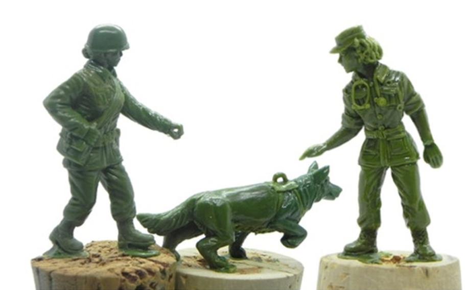 Early versions of the military working dog handler, dog and nurse figures, to be released with a line of crowd-funded plastic army women from BMC Toys are pictured here.