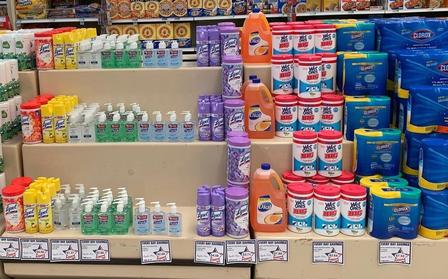 Sanitizing products on display at the Kirtland Air Force Base, New Mexico, Commissary. The Defense Commissary Agency is ramping up supplies of hand sanitizers and disinfectant wipes to its stores, especially to stores overseas.