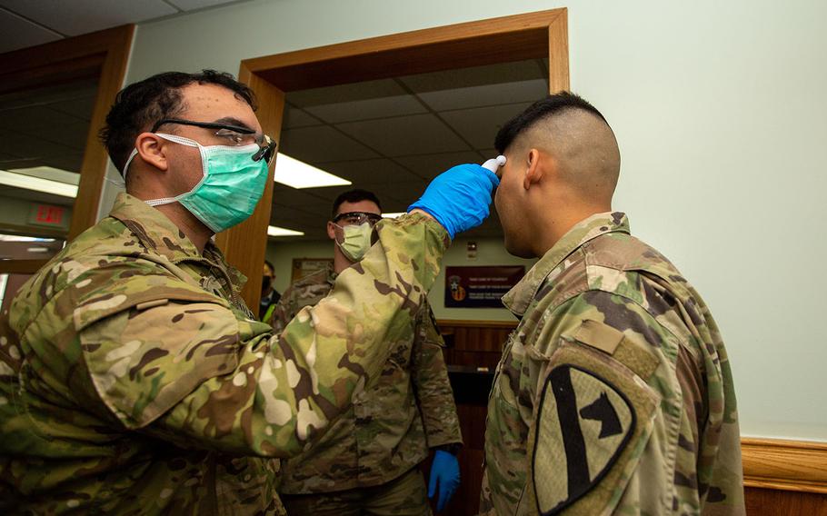 Soldiers stationed on U.S. Army Garrison Casey conduct prescreening processes on individuals awaiting entry to the base at Dongducheon, South Korea, on Feb. 26, 2020. Additional screening measures of a verbal questionnaire and temperature check are in response to the heighted awareness of Coronavirus following a surge in cases throughout South Korea and are meant to help control the spread of COVID-19.