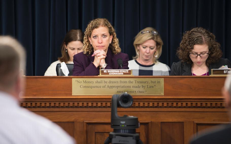 Rep. Debbie Wasserman Schultz, D-Fla., Chairwoman of the House Appropriations Subcommittee on Veterans Affairs, listens to testimony during a hearing on Capitol Hill in Washington on Wednesday, March 11, 2020.