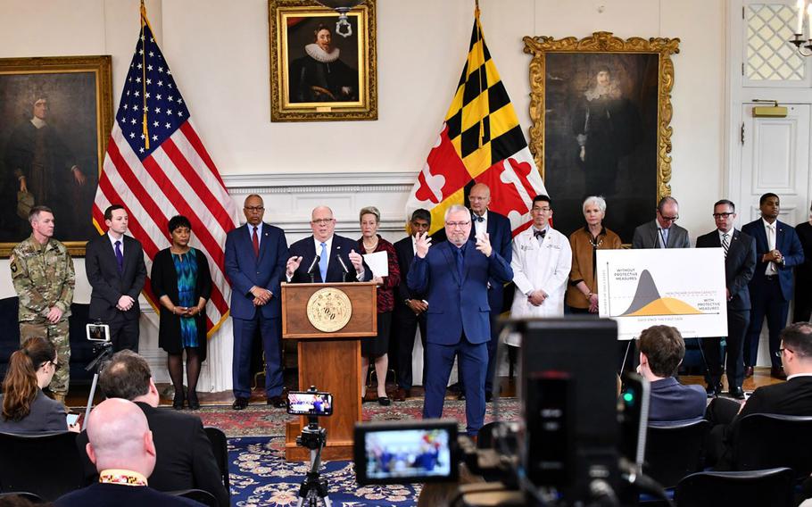 Maryland Gov. Larry Hogan announced Thursday the activation of the state’s National Guard in response to the coronavirus. About 250 troops are part of the initial response.