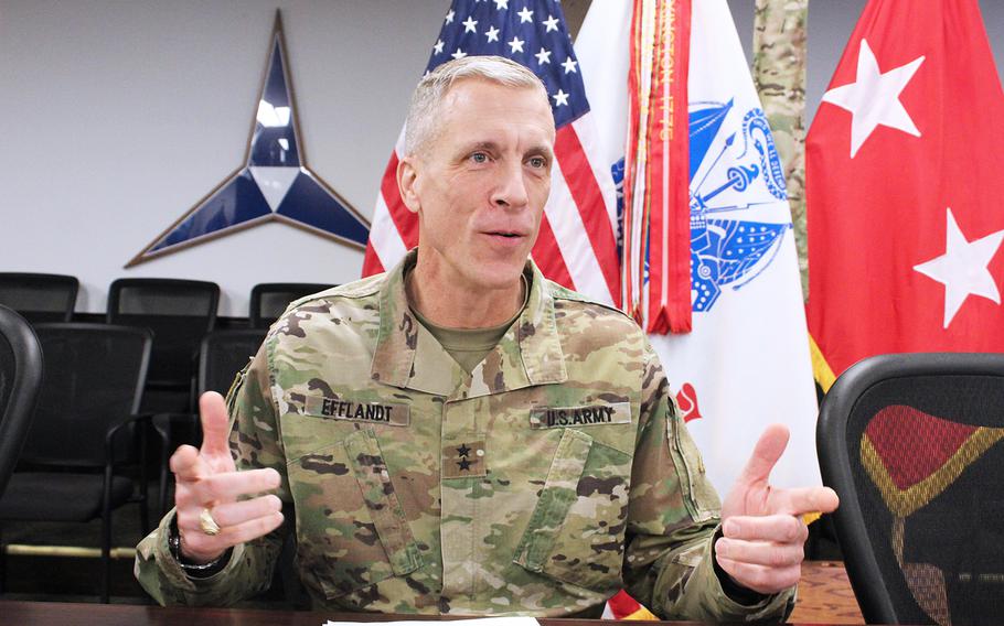 Maj. Gen. Scott Efflandt, III Corps and Fort Hood Deputy Commander, speaks during a virtual town hall about the installation's response to the coronavirus outbreak on March 19, 2020.