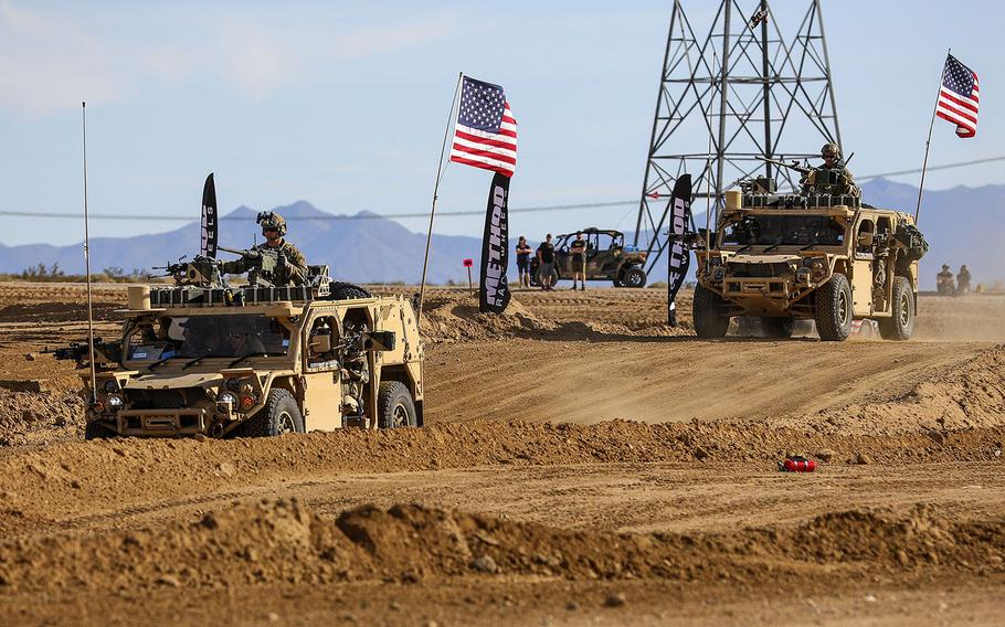Green Berets with the 5th Special Forces Group (Airborne), accelerate their Ground Mobility Vehicle 1.1s as they start their first lap in the Mint 400, March 06, 2020, in Primm, Nevada. 
