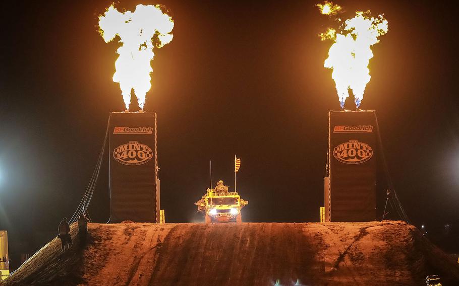 Fireball shoot out as Green Berets with the 5th Special Forces Group (Airborne), complete their first lap of the Mint 400, March 06, 2020, in Primm, Nevada.