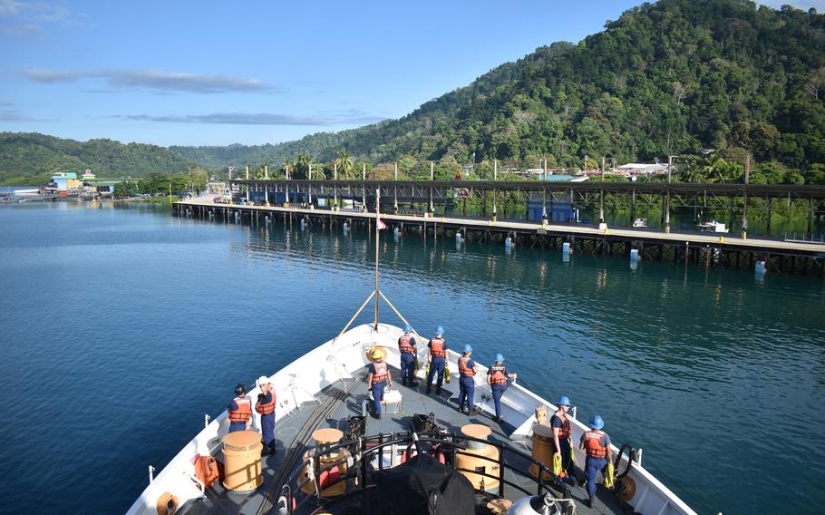 The Coast Guard Cutter Vigilant crew prepares to moor in Golfito, Costa Rica, while on their 55-day counter-drug patrol Jan. 2020. During thier patrol, the Vigilant crew worked with several U.S. and partner nation assets, including a Military Sealift Command ship and three Coast Guard Cutters. 