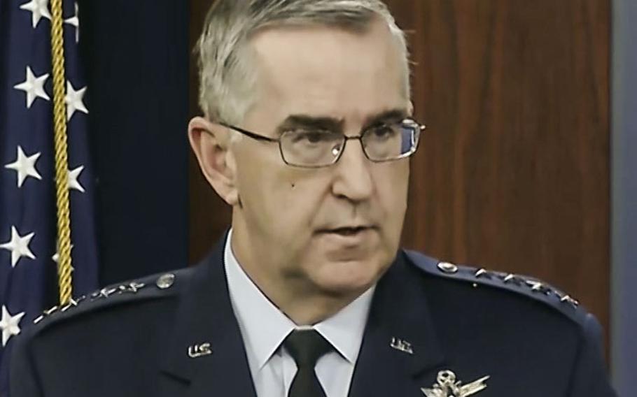 Gen. John Hyten, vice chairman of the Joint Chiefs of Staff, talks to reporters at the Pentagon on April 9, 2020.