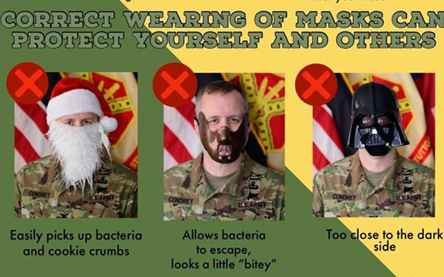 This detail of a post on U.S. Army Garrison Stuttgart's Facebook page shows garrison commander Col. Jason Condrey with various unapproved masks.