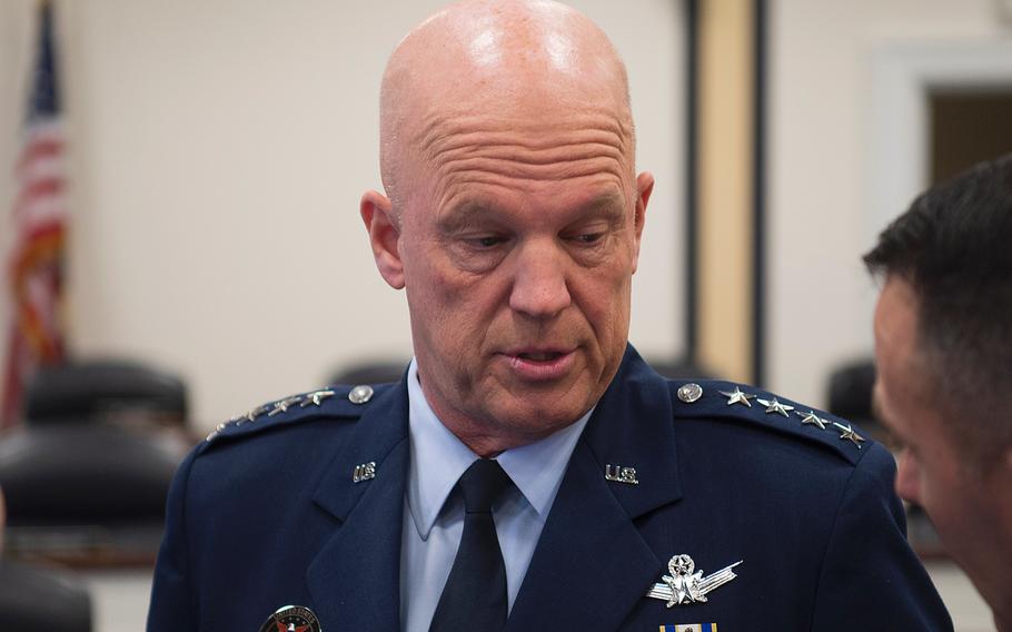 U.S. Space Force Commander Gen. John Raymond speaks with a person while waiting for the start of a House hearing on Capitol Hill in Washington on Feb. 27, 2020. The Space Force is accepting transfer applications from active-duty Air Force members starting May 1, 2020.