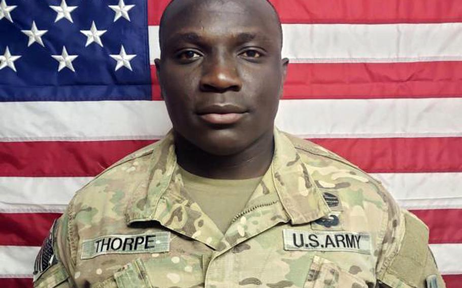 Sgt. Virgill Thorpe, a 28-year-old cavalry scout from Canton, Mass., was killed April 19  after he pointed a rifle at police through the basement window of his off-base home during a domestic disturbance call.