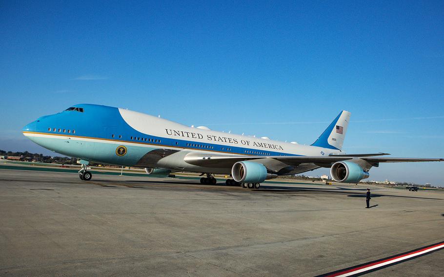 Air Force One, with President Donald Trump aboard, arrives at Los Angeles International Airport on Tuesday, Feb. 18, 2020.