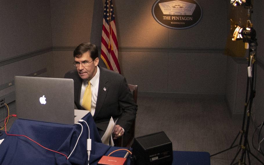 Secretary of Defense Mark T. Esper, participates in a Brookings Institute webinar on May 4, 2020