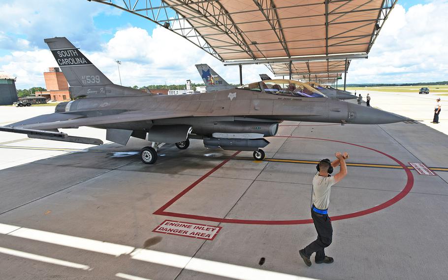U.S. Airmen from the South Carolina Air National Guard's 169th Fighter Wing at McEntire Joint National Guard Base, evacuate F-16 Fighting Falcon fighter jets to Homestead Air Force Base, Florida, Sept. 12, 2018 in response to the severe weather threat from quickly approaching Hurricane Florence.