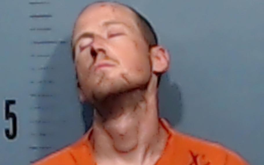 Airman 1st Class Erland Injerd is pictured here in a booking photo from the Taylor County (Texas) Jail. Injerd was arrested on Thursday, May 7, 2020, after more than two weeks on the run.