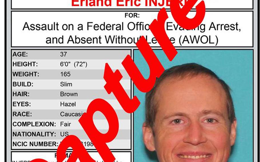 An Air Force Office of Special Investigations wanted poster shared on Facebook on Friday, May 8, 2020, shows Airman 1st Class Erland Injerd had been captured. Injerd evaded police for about two weeks after an altercation at Dyess Air Force Base in Texas on April 22.