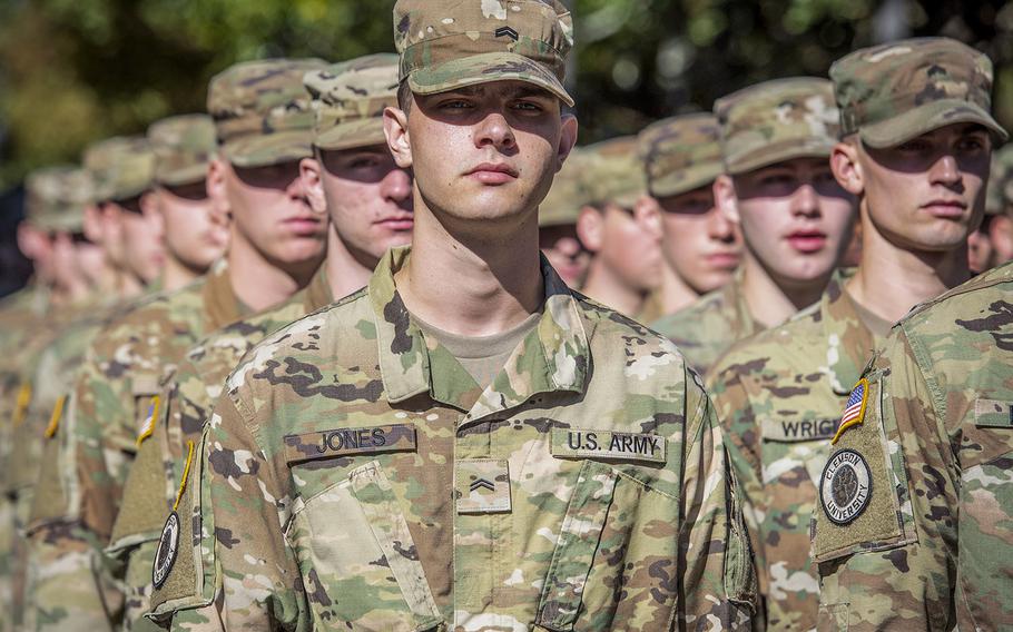 Clemson University Army ROTC cadets stand in formation before participating in a parade before the school's Military Appreciation Game, Nov. 2, 2019.