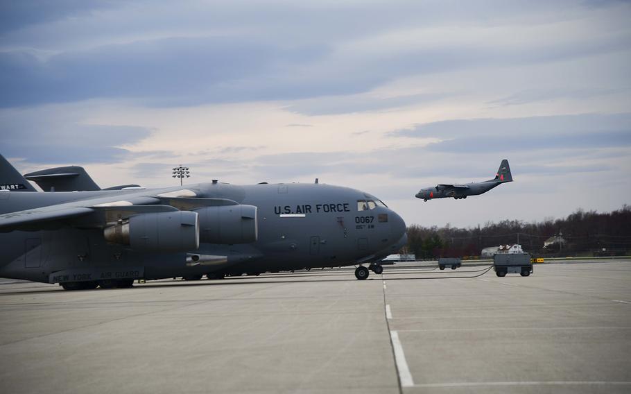 A C-130 J touches down at New York Air National Guard's 105th Airlift wing on April 7, 2020, at Stewart Air National Guard Base, Newburgh, N.Y. 