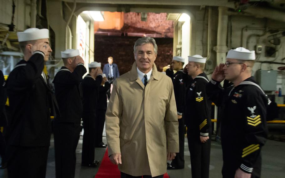Kenneth J. Braithwaite, arrives aboard the Wasp-class amphibious assault ship USS Iwo Jima on Nov. 15, 2018.