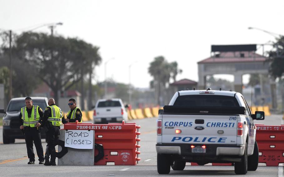 The entrances to the Naval Air Station-Corpus Christi are closed following an active shooter threat, Thursday, May 21, 2020, in Corpus Christi, Texas. Naval Air Station-Corpus Christi says the shooter was "neutralized" and the facility is on lockdown. 