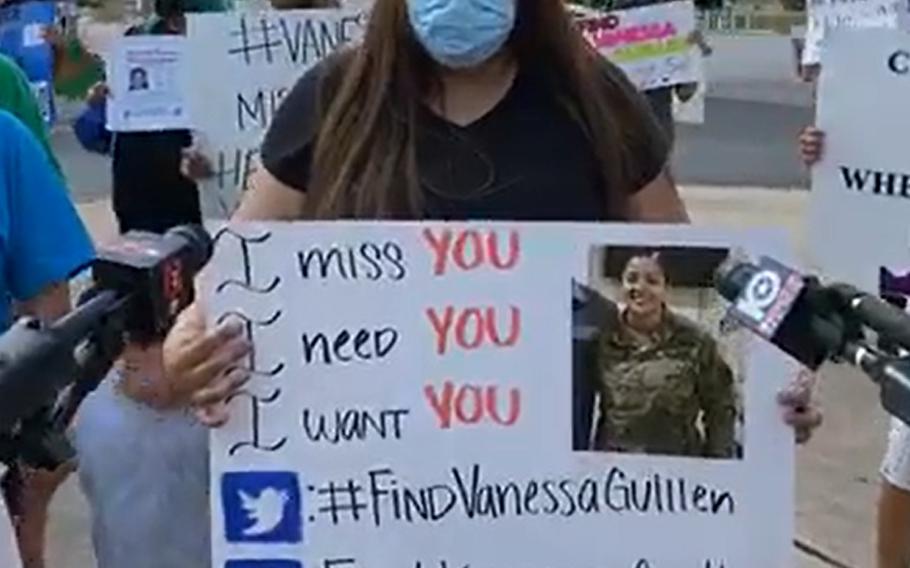 In this screenshot from a recent screenshot Facebook Live event, Mayra Guillen speaks to the media during a gathering outside of an entrance to Fort Hood, Texas, to draw attention to her sister, Pfc. Vanessa Guillen, who has been missing for one month. 