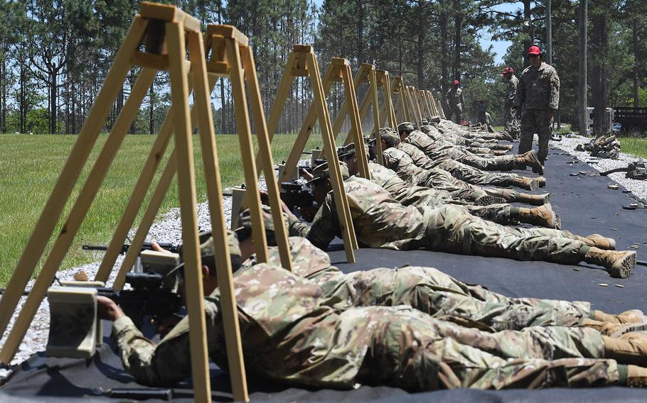 Basic trainees under the 37th Training Wing, 737th Training Group Detachment 5, Keesler Air Force Base, Miss., participate in weapons-firing training at Camp Shelby Joint Forces Training Center, Miss., May 6, 2020.