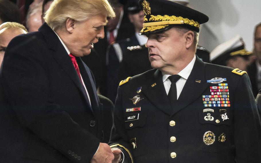 President Donald Trump says he has given Joint Chiefs of Staff Chairman Gen. Mark Milley added authority in the face of violence sweeping the nation. Trump and then-Army Chief of Staff Milley are seen here in a January, 2017 photo.