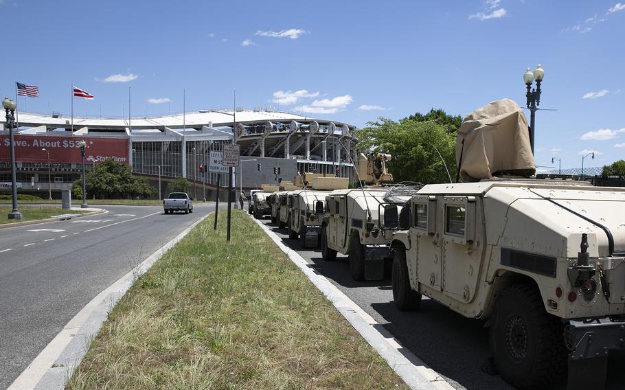 Vehicles for the District of Columbia National Guard are seen outside the D.C. Armory, Monday, June 1, 2020, in Washington. Protests have erupted across the United States to protest the death of Floyd, a black man who was killed in police custody in Minneapolis on May 25.