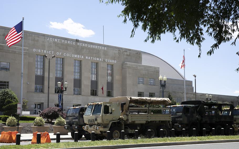 Vehicles for the District of Columbia National Guard are seen outside the D.C. Armory, Monday, June 1, 2020, in Washington. 