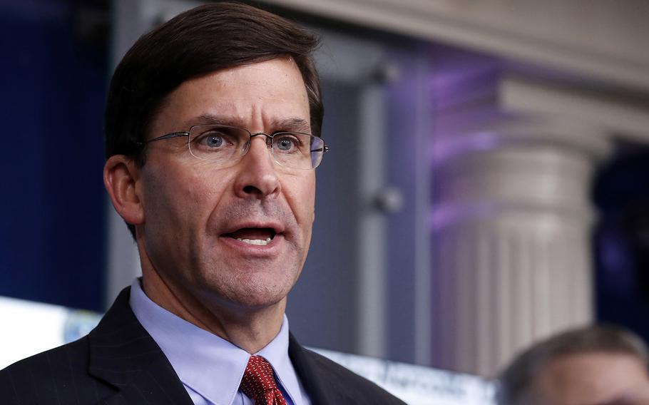 Defense Secretary Mark Esper speaks at the White House in Washington on April 1, 2020.