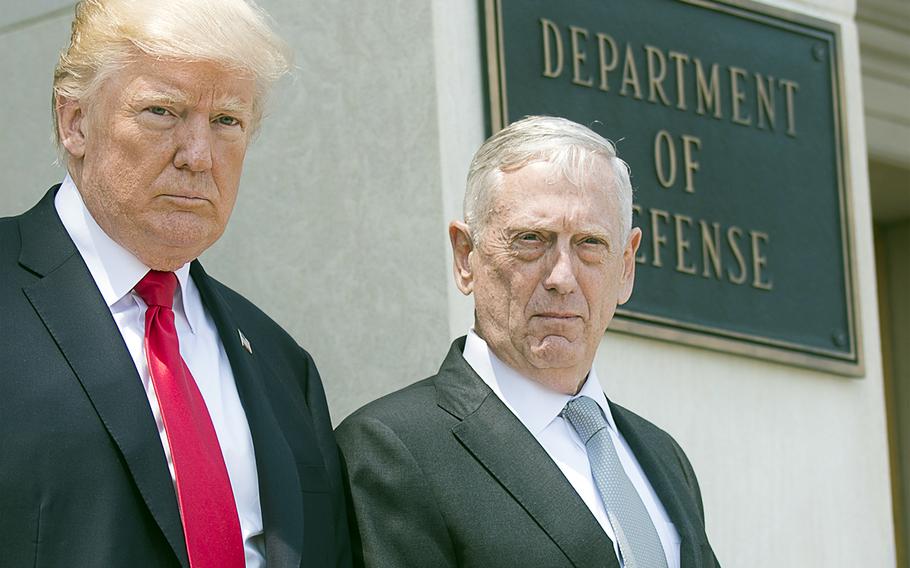 President Donald Trump stands outside the Pentagon with then-Secretary of Defense Jim Mattis, July 20, 2017.