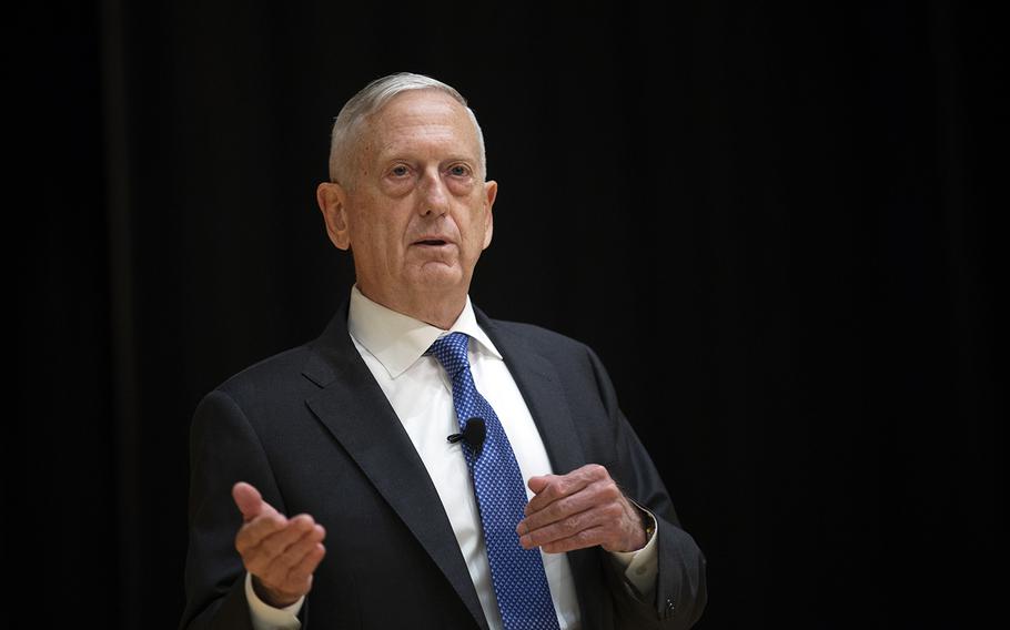 Former Secretary of Defense Jim Mattis speaks about leadership at Marine Corps Base Quantico, Va., Sept. 25, 2019. 