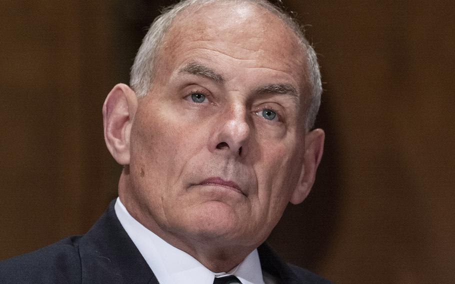 Retired Gen. John Kelly , at a Capitol Hill hearing in 2017. A question in a survey gauging the feelings of officers about the military was prompted by a 2017 statement made by then-White House press secretary Sarah Huckabee Sanders, who told a reporter it would be inappropriate to debate a four-star general like Kelly.