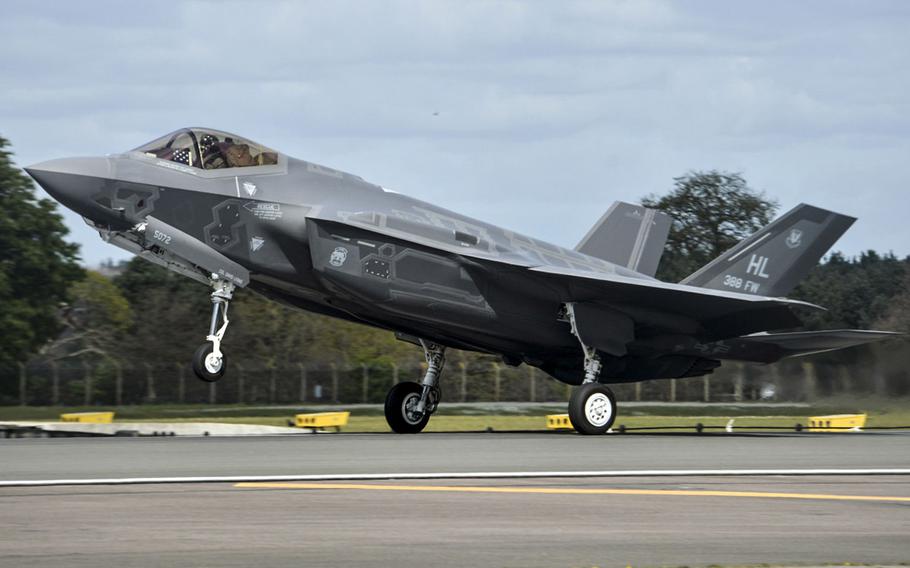 In a 2017 photo, an F-35A Lightning II from the 34th Fighter Squadron at Hill Air Force Base, Utah, lands at Royal Air Force Lakenheath, England.