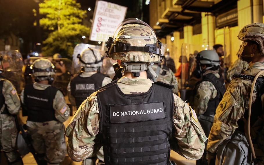 District of Columbia National Guard soldiers and airmen assist local authorities at a barricade site in Washington, D.C., on May 31, 2020. 